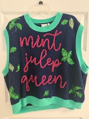 QUEEN OF SPARKLES Navy Sleeveless Sweater Vest with Mint Trim and Pink Script